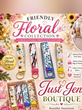 Friendly Floral Wristlet Keychain Fob Set | Gift Box Included- Vegan Leather